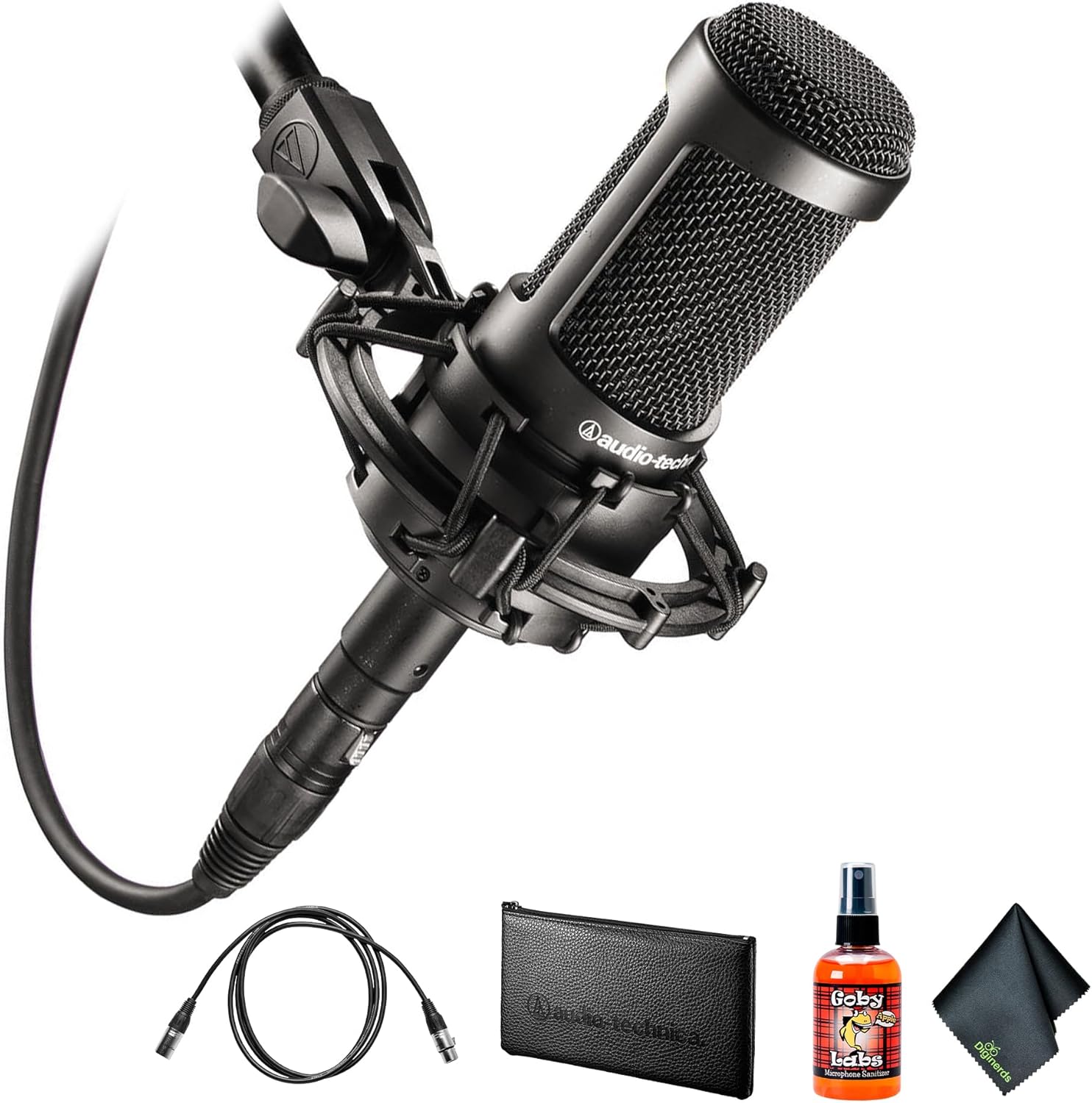 Audio-Technica AT2035 Cardioid Condenser Microphone, Black + Microfiber Cleaning Cloth + Goby Labs Microphone Cleaner + 10 Ft XLR Cable