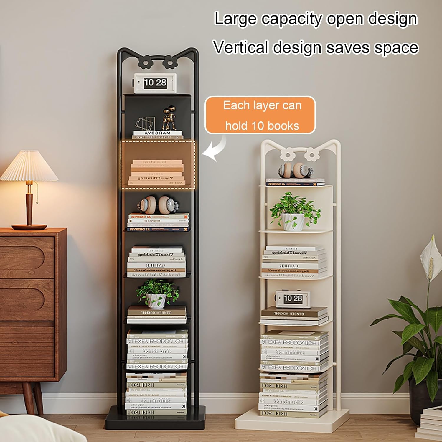 Floor-Standing Vertical Invisible Bookshelf, Corner Bookcase 6/8 Layers, Spine Storage Rack, Modern Freestanding Display Shelves, Suitable for Living Room, Study(White,136cm/53.5in)