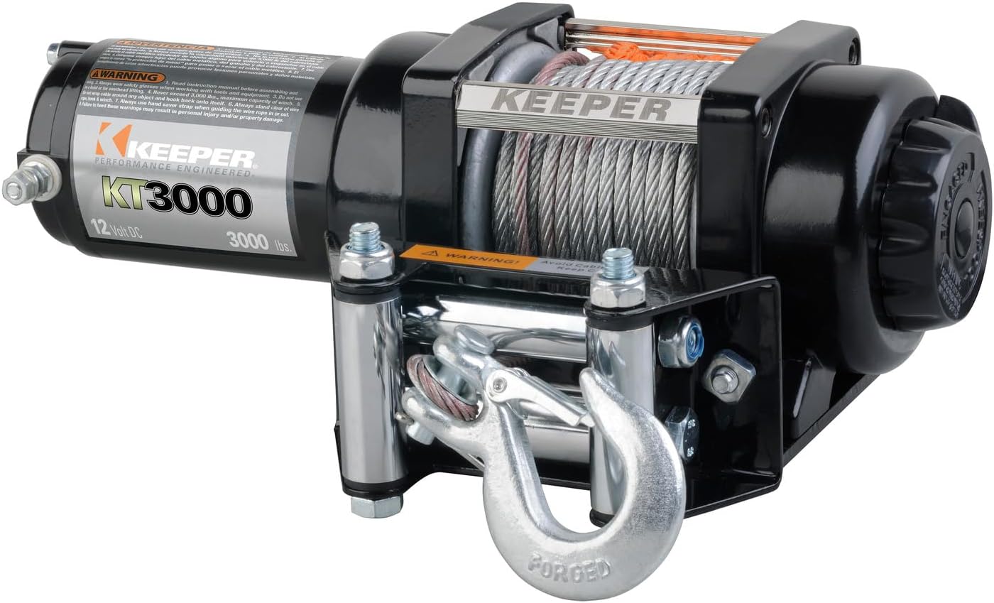 KEEPER KT3000 12V Electric Winch, 3,000 lb. Capacity, Galvanized Wire Rope, Free-Spool Clutch, ATV & UTV Off-Road Winch, Handheld Remote