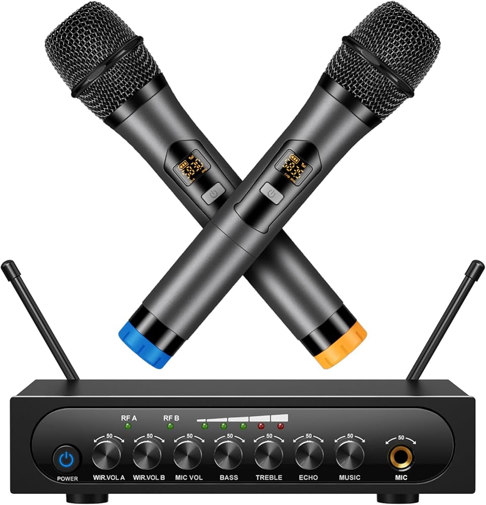 Wireless Microphone System Cordless Dynamic Mic UHF Dual Channel Wireless Handheld Microphone with Echo Bluetooth Volume Control for Karaoke Singing Church for Amplifier Speaker Mixer
