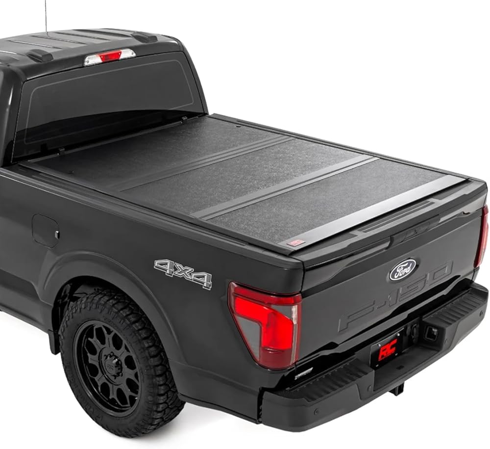 Rough Country Hard Low-Profile Tri-Fold Tonneau Cover for Ford F-150 (2015-2020) - Low-Profile Aluminum Truck Bed Cover, Fits 6'7