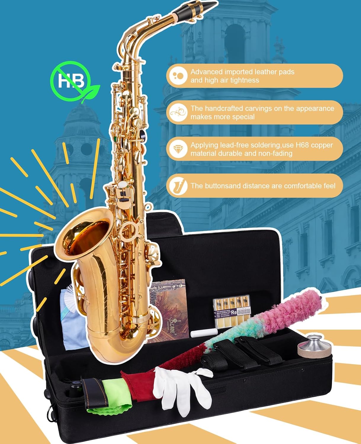 Eb Alto Saxophone - Beginner to Professional, Gold Finish, Adult Size