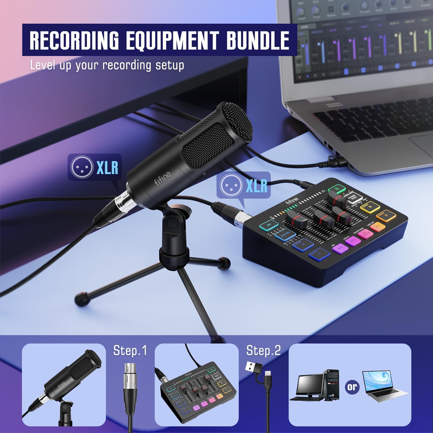 FIFINE Audio Equipment Bundle for Gaming Podcast, Streaming RGB Mixer Set with XLR Dynamic Vocal Microphone, Voice Recording Kit Set with Volume Fader, Individual Control, Mute, Monitoring-KS3