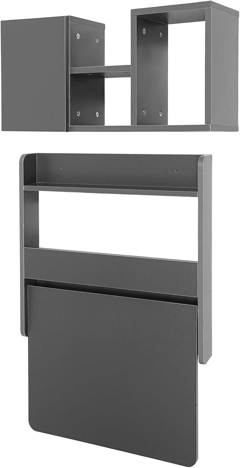 Folding Wall Desk, Wood 2-Tier Wall Mounted Writing Table, Kids Floating Bookshelf Fold Down Wall Mount Laptop Desk for Small Saving Spaces, Corner Floating Desk for Small Spaces (Grey)
