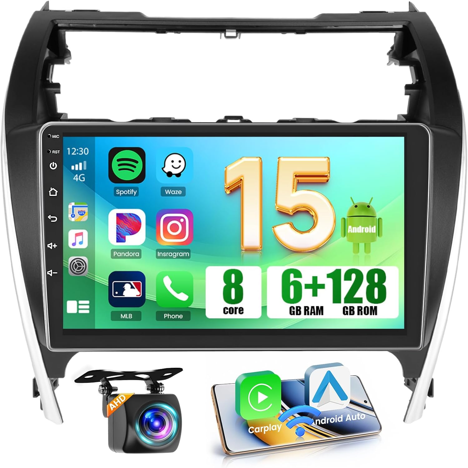 [8-Core 6+128GB] Hikity Android 15 Car Stereo for Toyota Camry 2012 2013 2014, 10.1'' IPS Touchscreen Camry Radio Wireless Carplay Android Auto, Bluetooth 5G WiFi GPS 32EQ/DSP/FM/RDS SWC Backup Cam