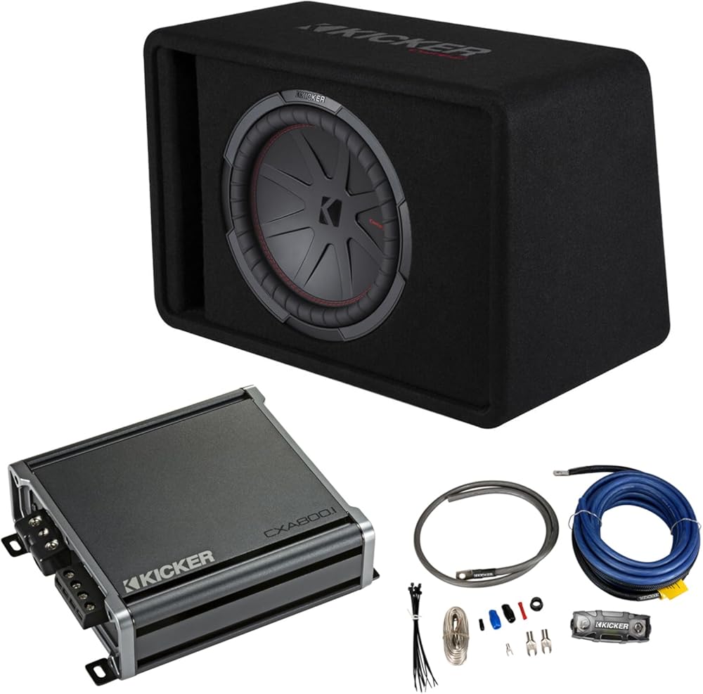 Kicker 48VCWR122 CompR Series 500W RMS 2 Ohm Vented Loaded Subwoofer Enclosure, 46CXA8001 Car Audio Class D Amp Mono 1600W Peak Sub Amplifier and PK4 Four Gauge Single Amplifier Power Installation Kit