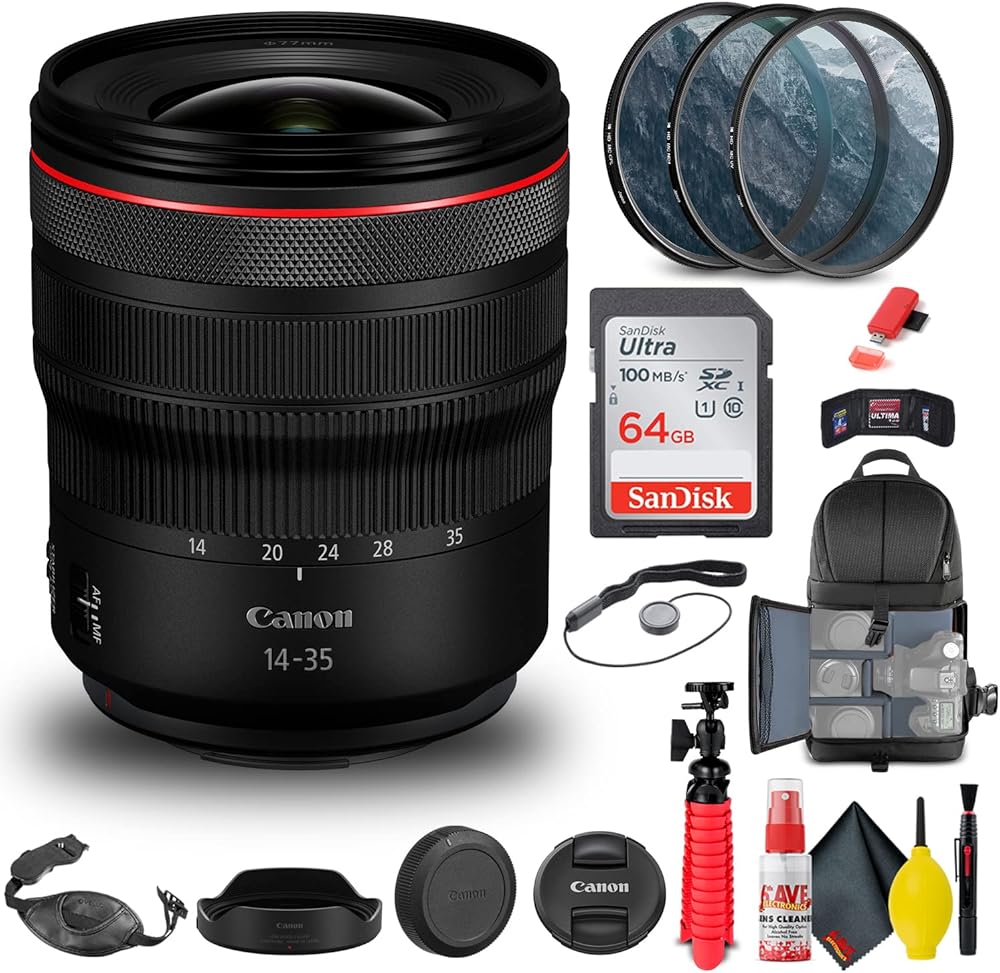 Canon RF 14-35mm f/4L is USM Lens (4857C002) + Filter Kit + Backpack + 64GB Card + Card Reader + Flex Tripod + Memory Wallet + Cap Keeper + Cleaning Kit + Hand Strap + More (Renewed)