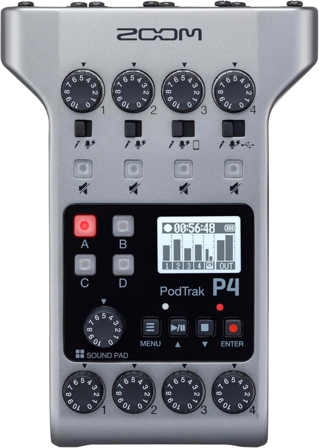 Zoom PodTrak P4 Podcast Recorder, Battery Powered, 4 Microphone Inputs, 4 Headphone Outputs, Phone Input, Sound Pads, Record to SD card, Audio Interface Mode