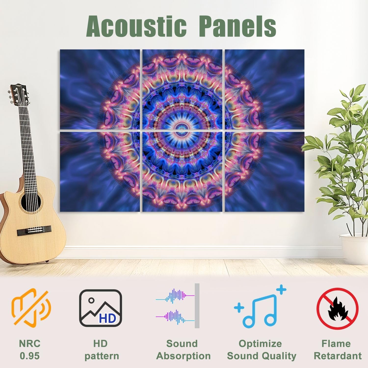 6 Pack Art Acoustic Panels Sound Absorbing Blacklight Hippie UV Neon Boho Mandala Aesthetic Symmetrical Radial Decorative Soundproof Wall Panels Self Adhesive for Recording Studios Office 72