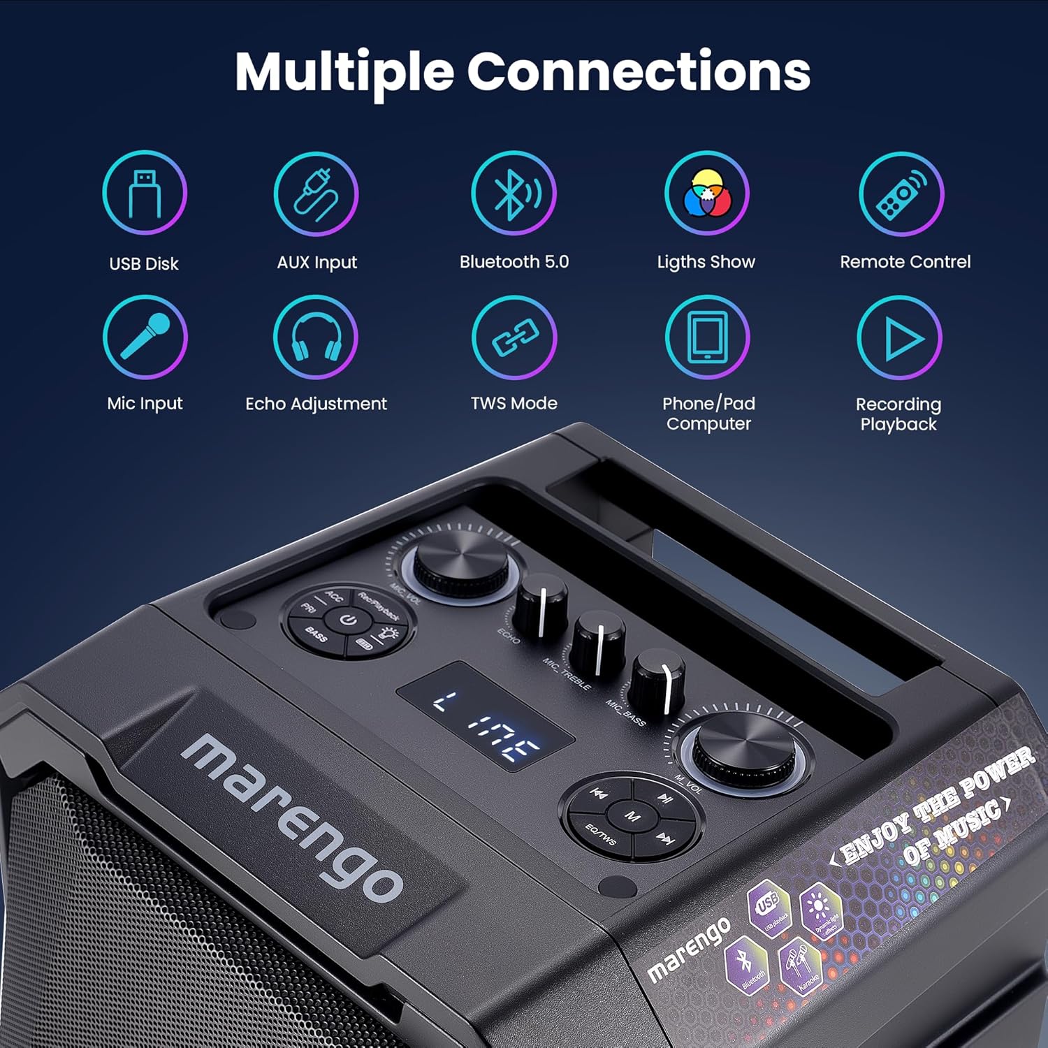 Karaoke Machine with 2 Wireless Microphones, Portable Bluetooth Party Karaoke Speaker with LED Lights, Bass/Treble Adjustment, TWS, 800W(Peak) PA System for Home Party, Supports USB/AUX/REC/Mic-in