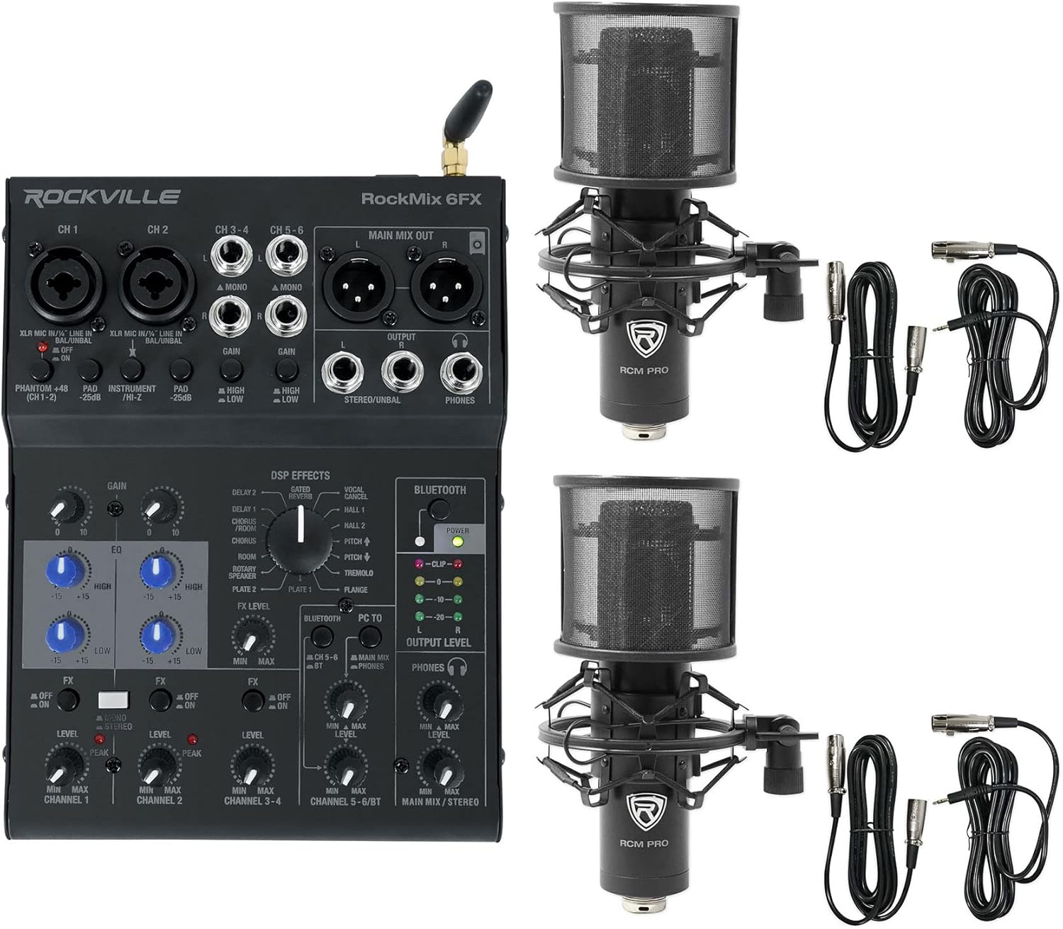 Rockville RockMix 6FX Bundle: 6-Channel Mixer with USB Recording Interface, (2) RCM PRO Studio/Recording Condenser Microphones, Bluetooth, Effects, 3-items