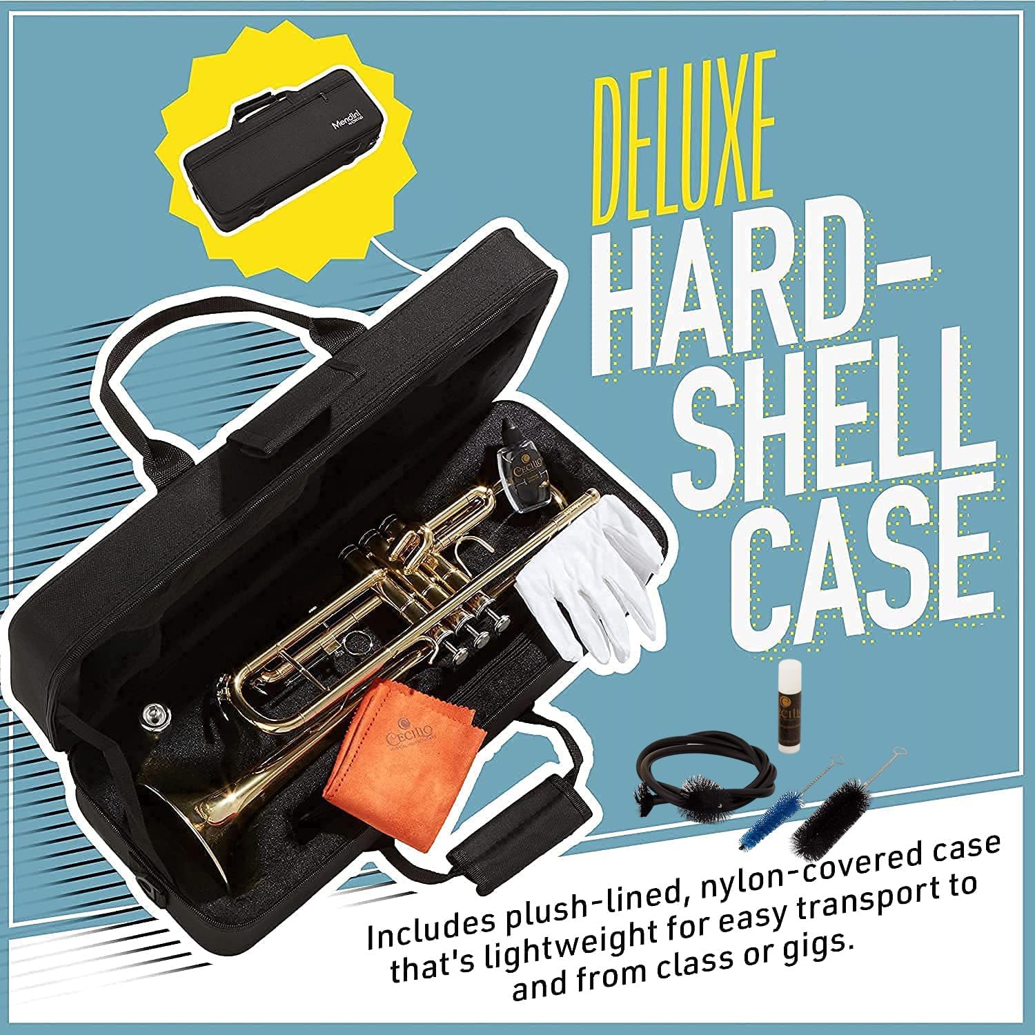 Mendini By Cecilio Bb Standard Trumpet Set for Beginners - Brass Student Trumpet Instrument with Hard Case, 7C Mouthpiece, Valve Oil, Cleaning Cloth, Gloves and Maintenance kit (Golden)