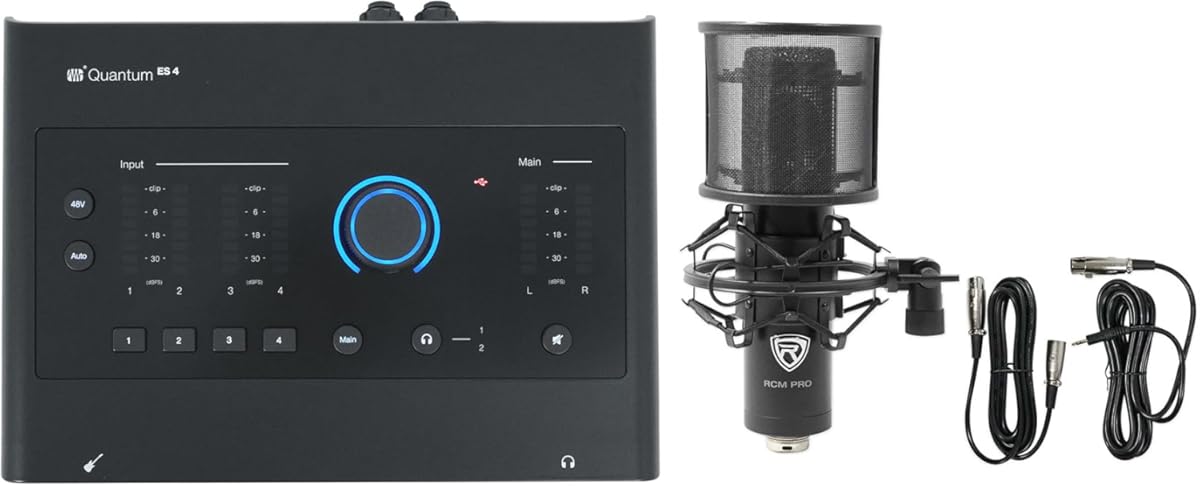 Audiosavings Bundle: (1) Presonus Quantum ES4 4 x 4, 24-bit / 192 kHz USB-C Audio Recording Interface Bundle with (1) Rockville RCM PRO Studio Condenser Microphone w Samsung Capacitors (2 Items)