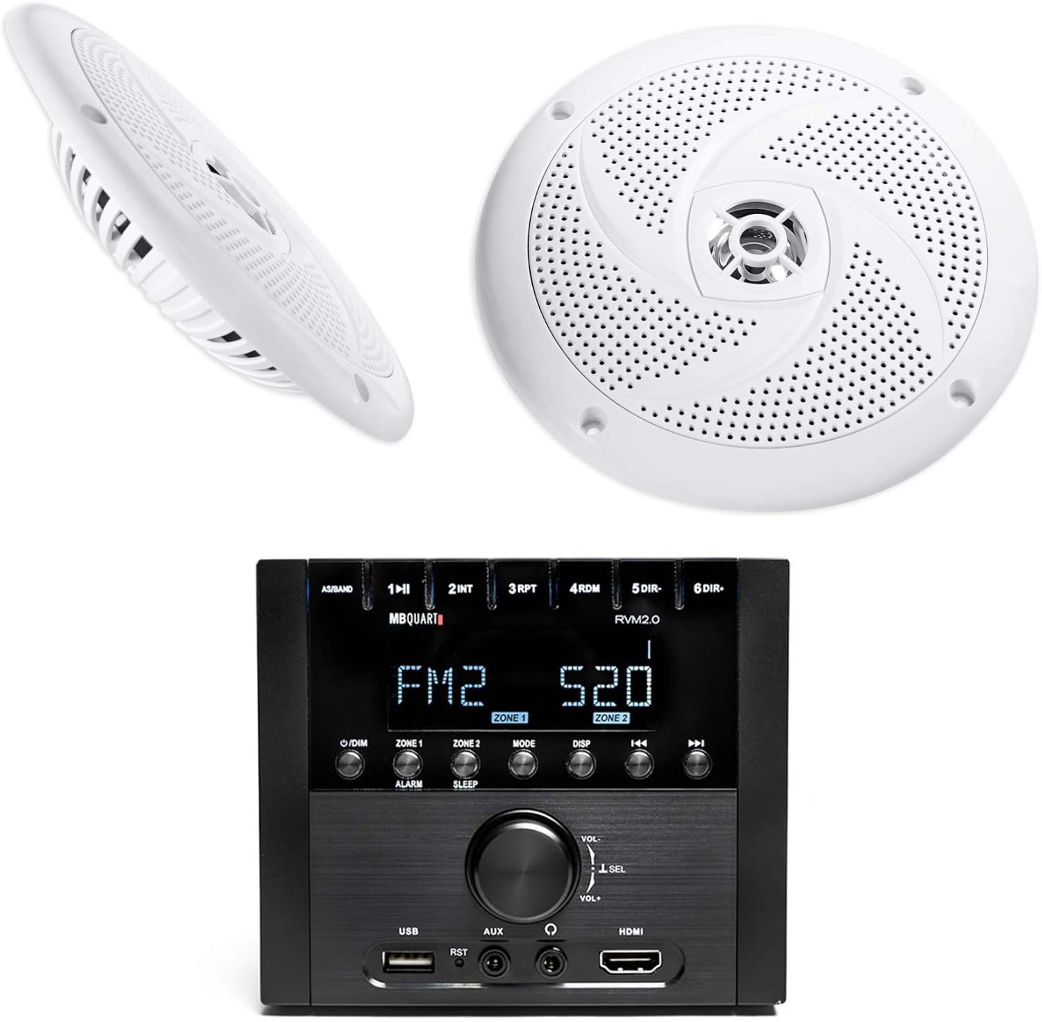 MB Quart RVM2.0 2-Zone RV Receiver Bluetooth Radio Stereo Bundle with Pair Rockville RSM65W 6.5