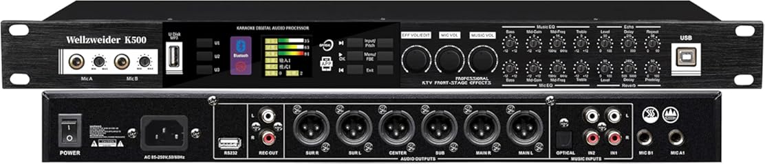 Professional Karaoke Audio Processor, with Equalizer, Exciter, Reverberation and Feedback Suppressor, Digital Analog Dual Application, USB Bluetooth Music Playback