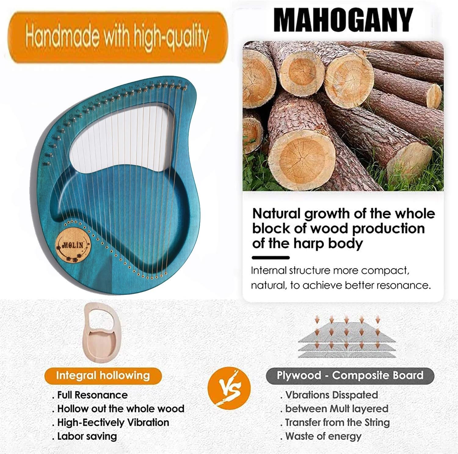 Lyre Harp 24 String Bone Saddle Lye Harp,Mahogany String Instrument with Tuning Wrench and Gig Bag for Music Lovers Beginners Children Adults Kids (Color : A)