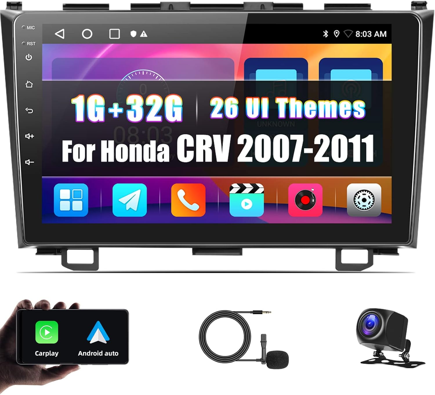 Camecho Android Radio for Honda CRV 2007-2011, Android 13 Car Stereo with Mirror Link, 9 Inch Car Radio with Bluetooth, EQ, GPS, WiFi + AHD Backup Camera & MIC (1+32G)