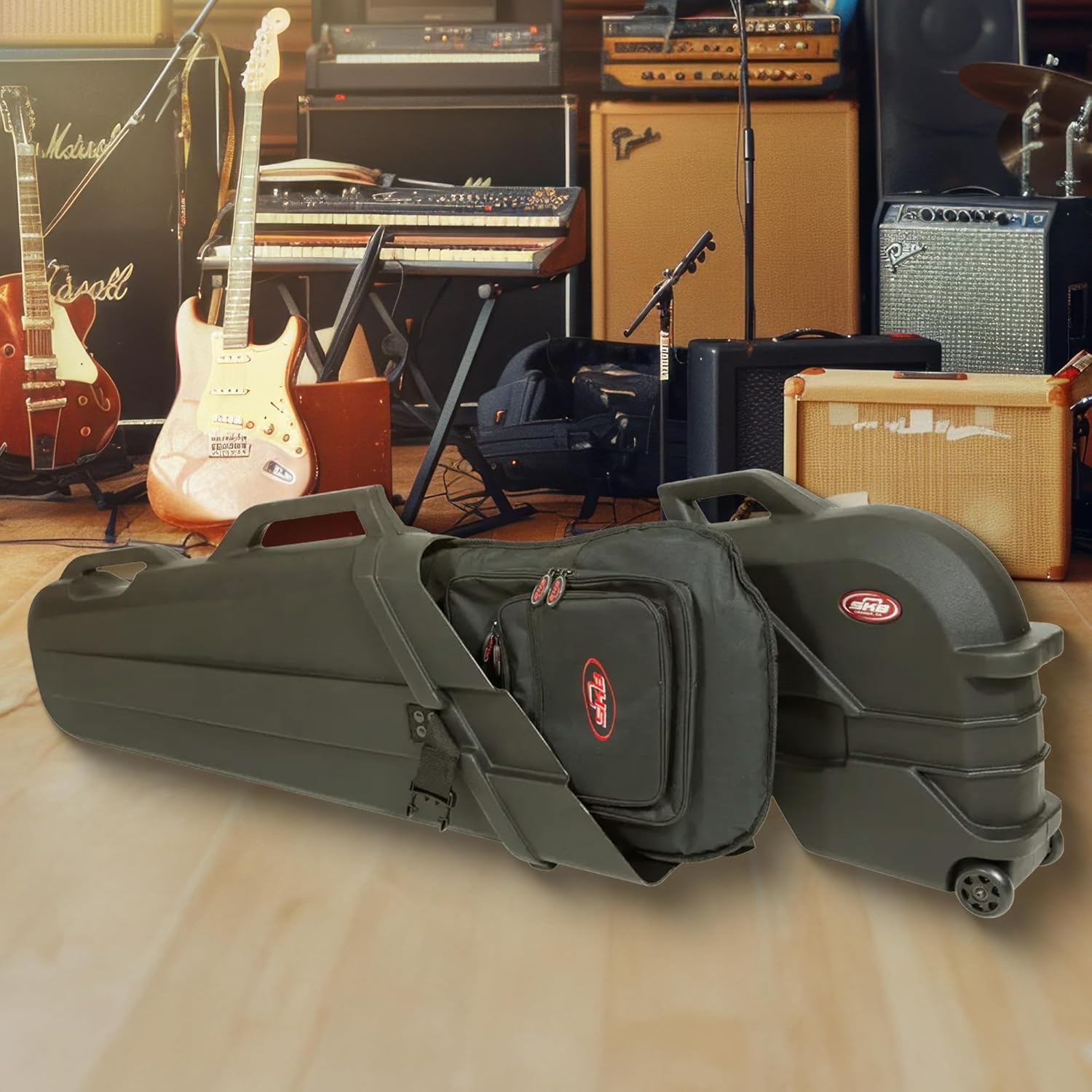 SKB ATA Roto Molded Electric Bass Guitar Hard Case with TSA Locking Latches, Wheels for Easy Transport and Ergonomic Handle, Black