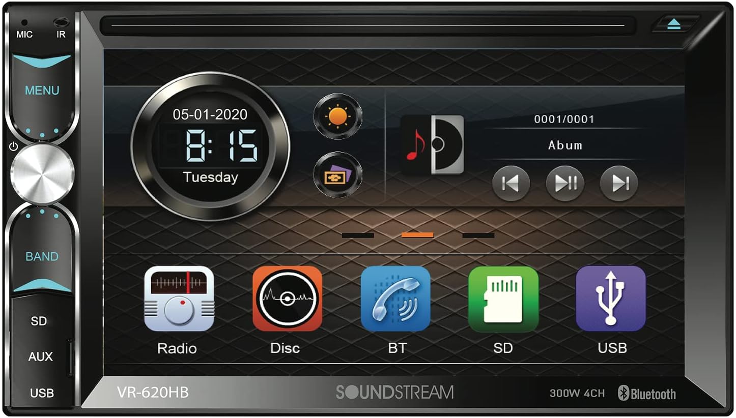 Soundstream VR-620HB VR-620HB 6.2-Inch Double-DIN DVD Head Unit with Bluetooth and Android MHL PhoneLink
