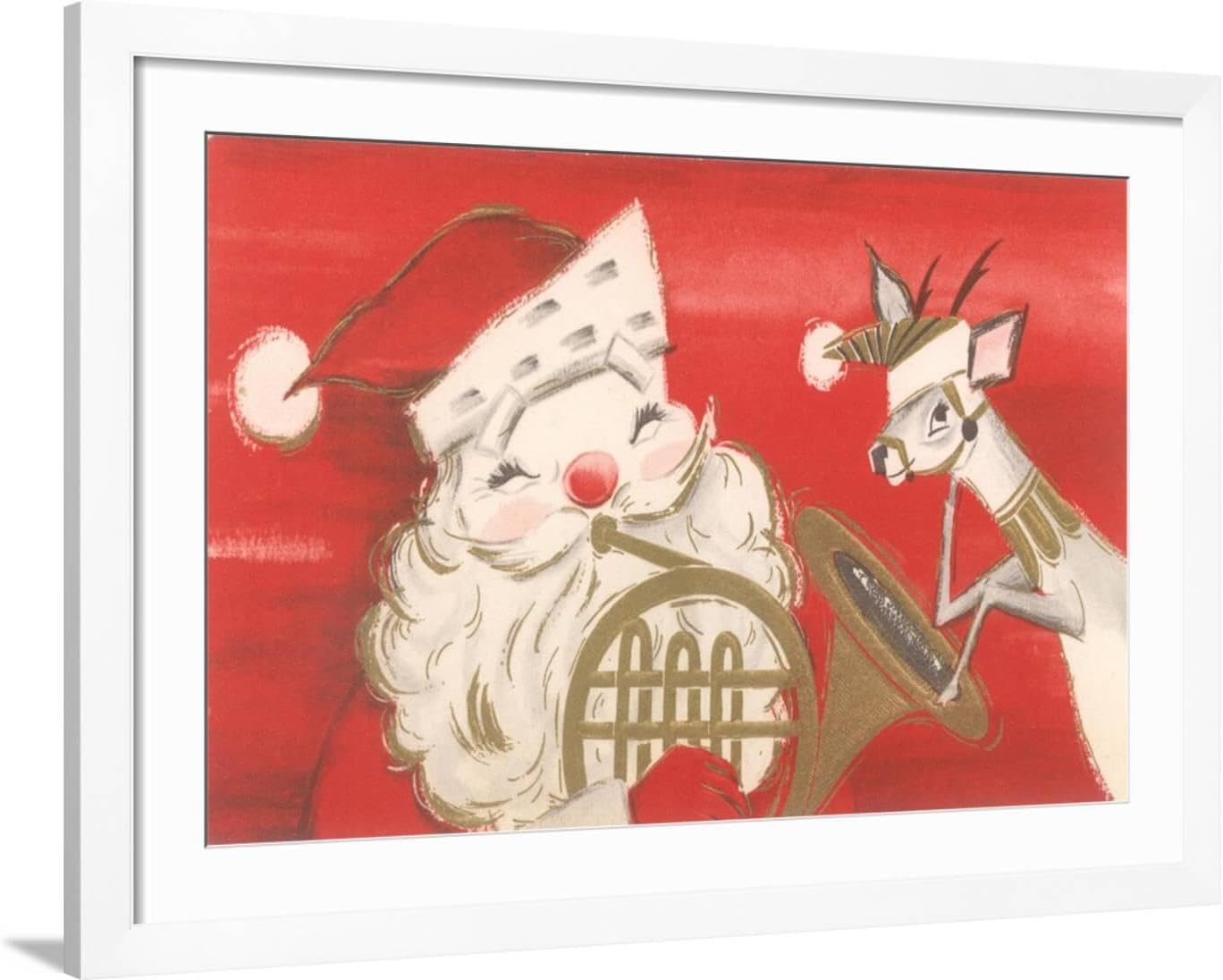ART.COM Wall Art Print Reindeer, Santa with French Horn on White Frame, 44