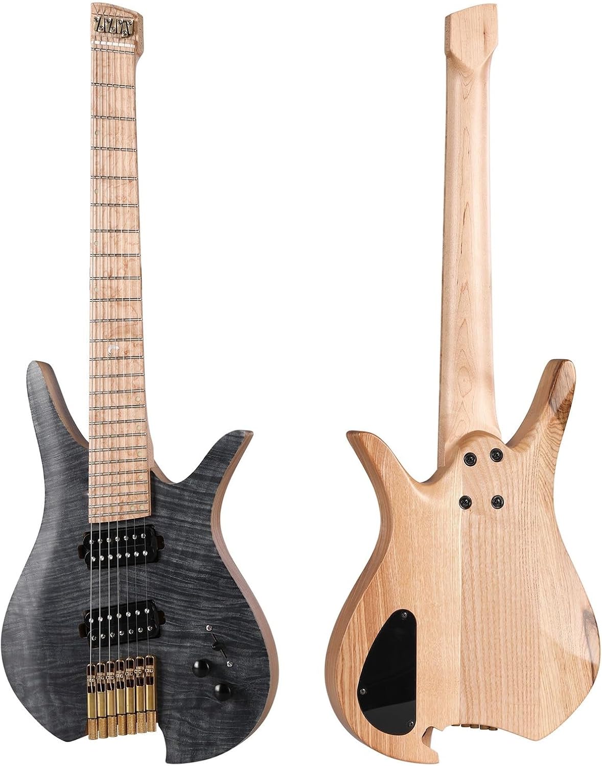 Headless Electric Guitar 7 String Fanned Fret Headless Electric Travel Guitar Ash Wood with Flame Maple Veneer