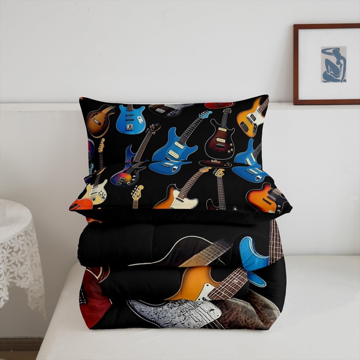 Manfei Electric Guitar Comforter Set King Size 3 Pcs,Colorful Bass Guitars Music Lovers Bedding Set,Rock Music Theme Quilt Set for Adults Bedroom,2 Pillowcases