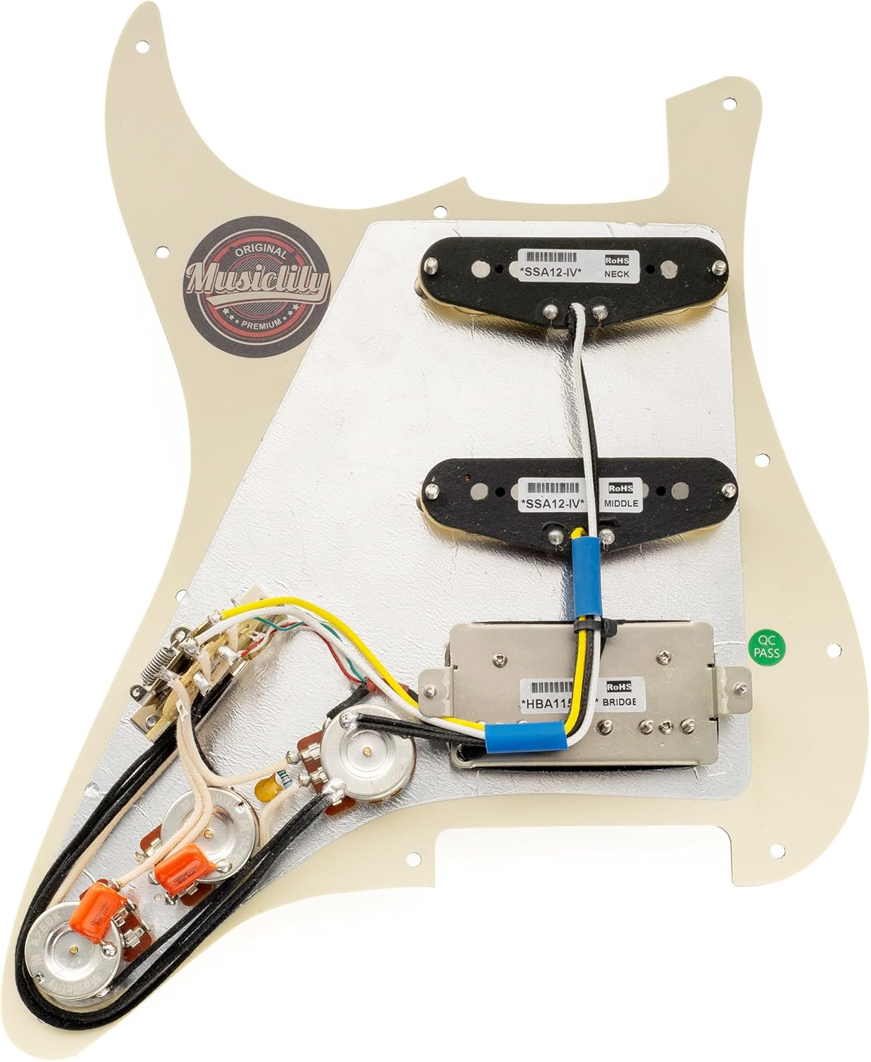 Musiclily Pro Auto-Split HSS Loaded Pickguard ST Prewired Pickguard with Artec Alnico 5 Single Coil Humbucker Pickups for American/Mexico Import Squier Strat Electric Guitar, 3ply Cream