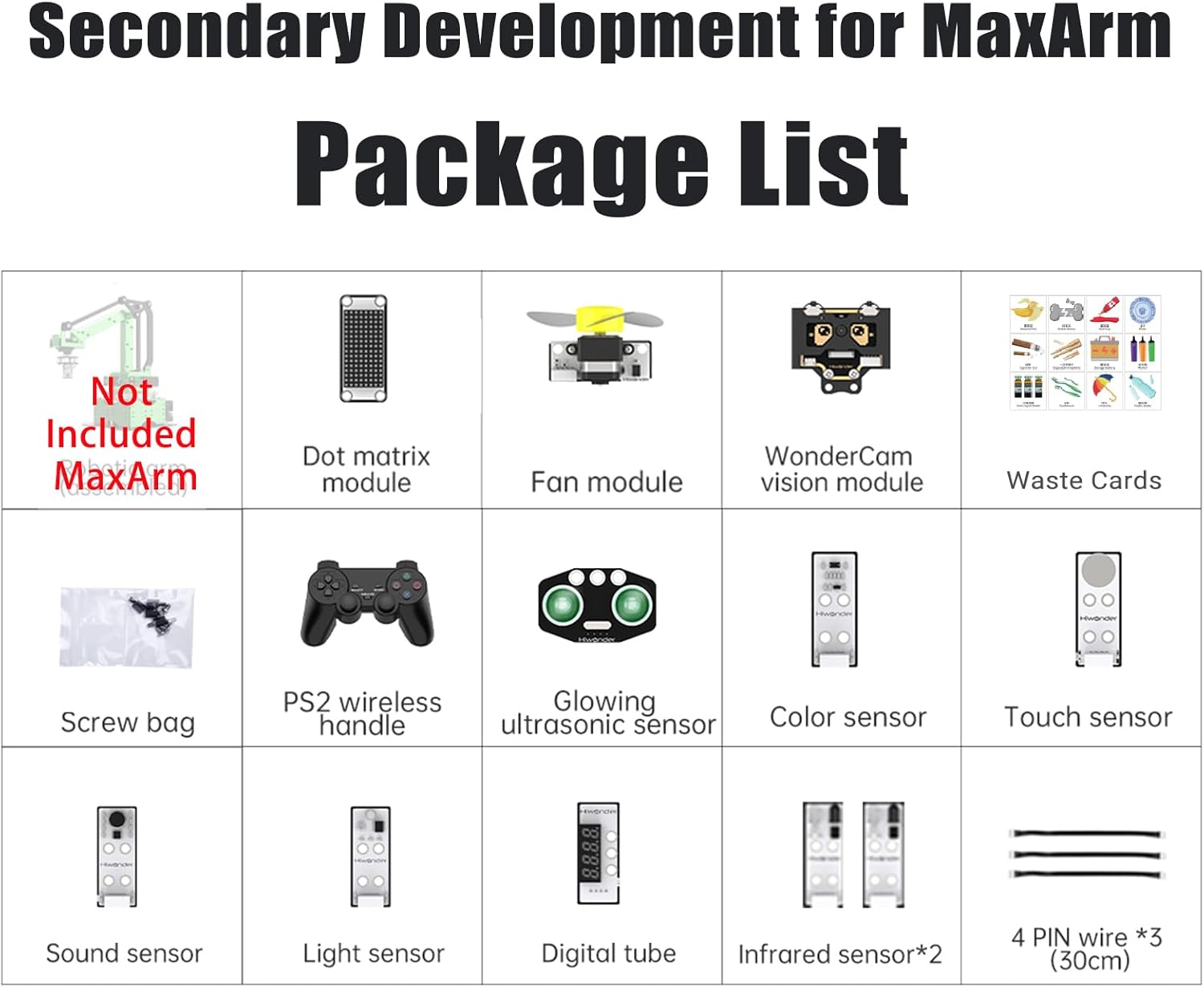 Secondary Development for MaxArm Upgrade, Sensor Kits, WonderCam Vision Module, PS2 Handle, Glowing Ultrasonic, Color/Touch/Sound/Light/Digital Tube Sensors (Not Included MaxArm Robot Arm)