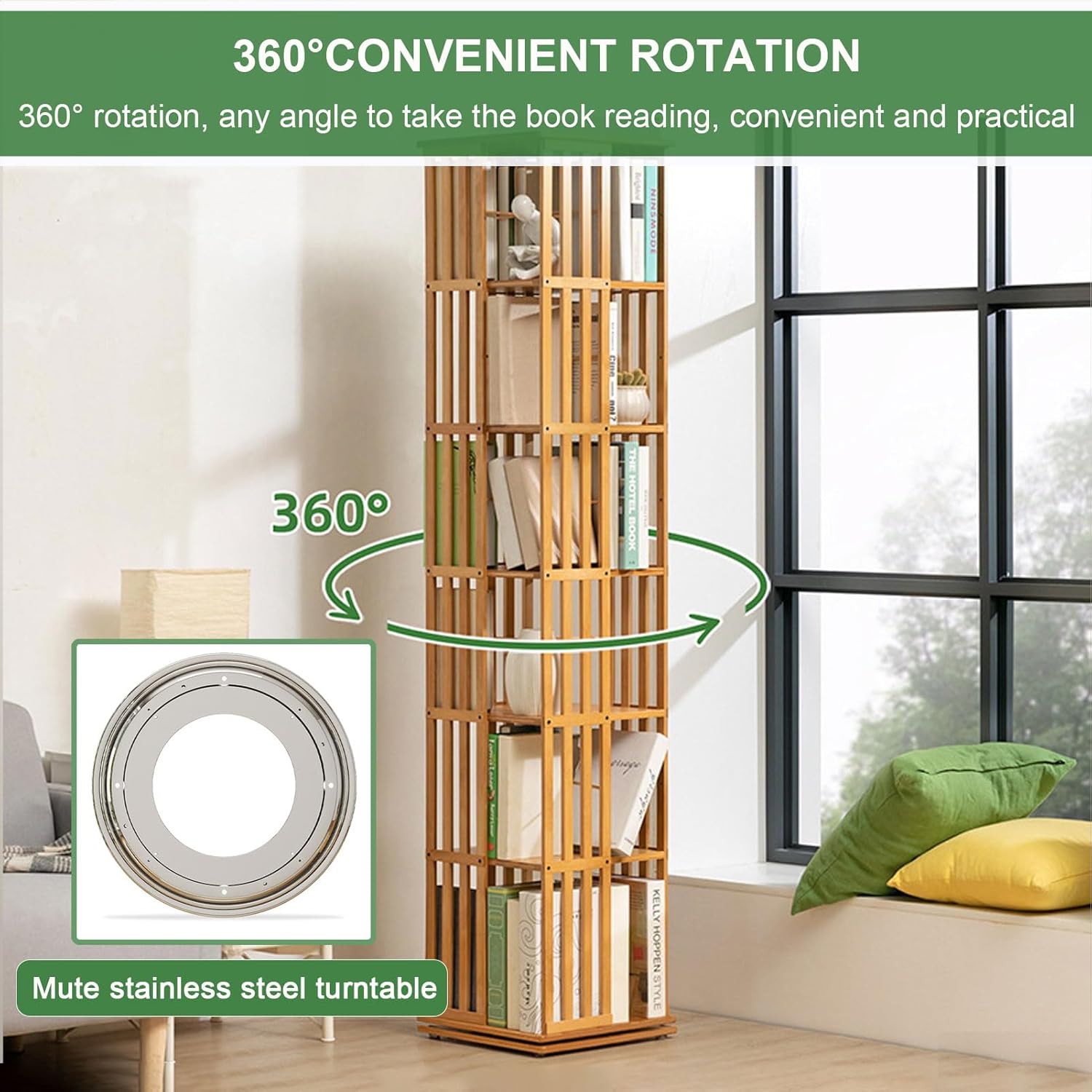 ARMERI 6 Tier Wooden Bookcase Corner Tall Book Shelf Modern with Open Design Shelving Unit 360 Display Rotating Bookshelf Bamboo Book Shelf Organizer for Bedroom, Living Room, Study Room,Brown,6 Tier