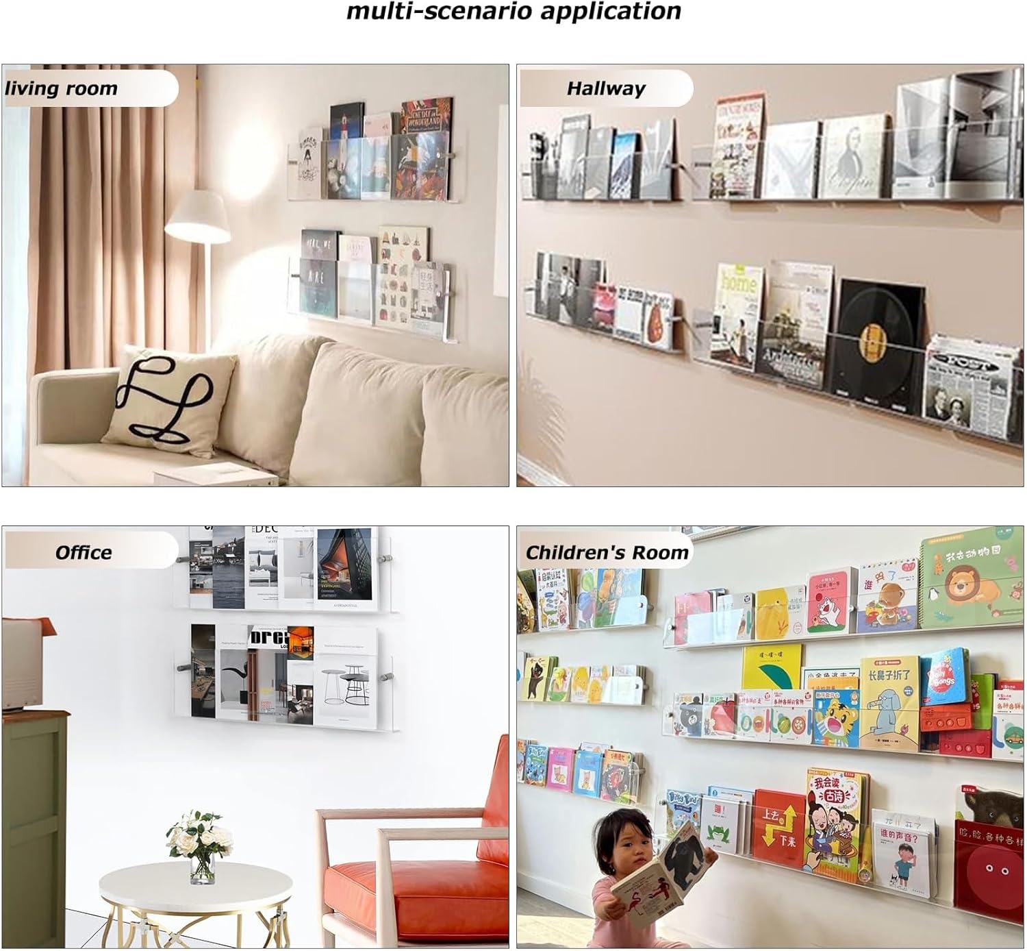 2 Pack - Acrylic Wall Magazine Rack，Clear Brochure Holder Wall Mount,record Holder Wall,Hanging Bookshelf Literature Storage Rack,floating Bookshelves for Offcie Home (39.3in)