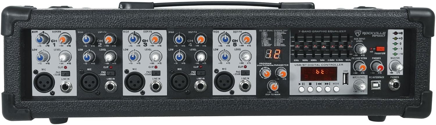 Rockville RPM47 1800w Powered 5 Channel Mixer Amplifier, 8 Ohm, Bluetooth, USB Interface, Digital Effects, 7-Band EQ, for Live Bands and Church Audio