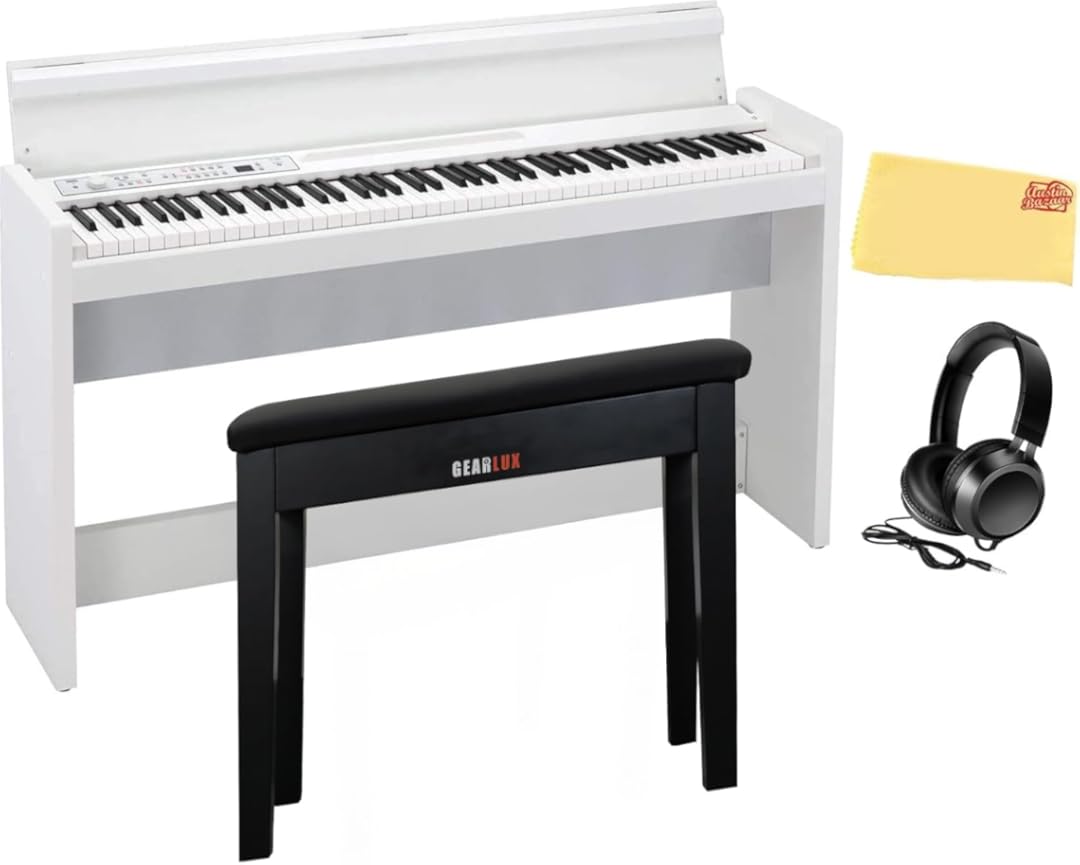 Korg LP-380 Digital Piano - White Bundle with Furniture Bench, Headphones, and Austin Bazaar Polishing Cloth