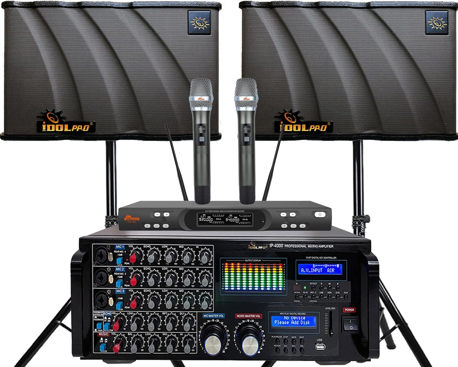 IDOLpro 3000Watts IP-4000 Mixing Amplifier & IPS-680 Speaker Plus Wireless Mic Karaoke System- Free Speaker Cables & Speaker Stands & Mic Windscreens