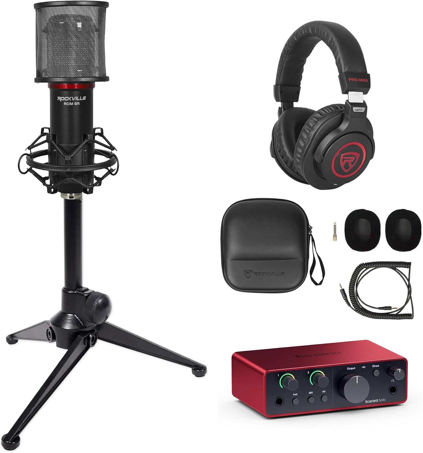 Audiosavings Bundle: Focusrite Scarlett Solo 4th Gen Studio Recording USB Audio Interface Bundle with Rockville RDTS Microphone Stand+RCM SR Studio/Recording Microphone+PRO-M50 SR Headphone (4 Items)