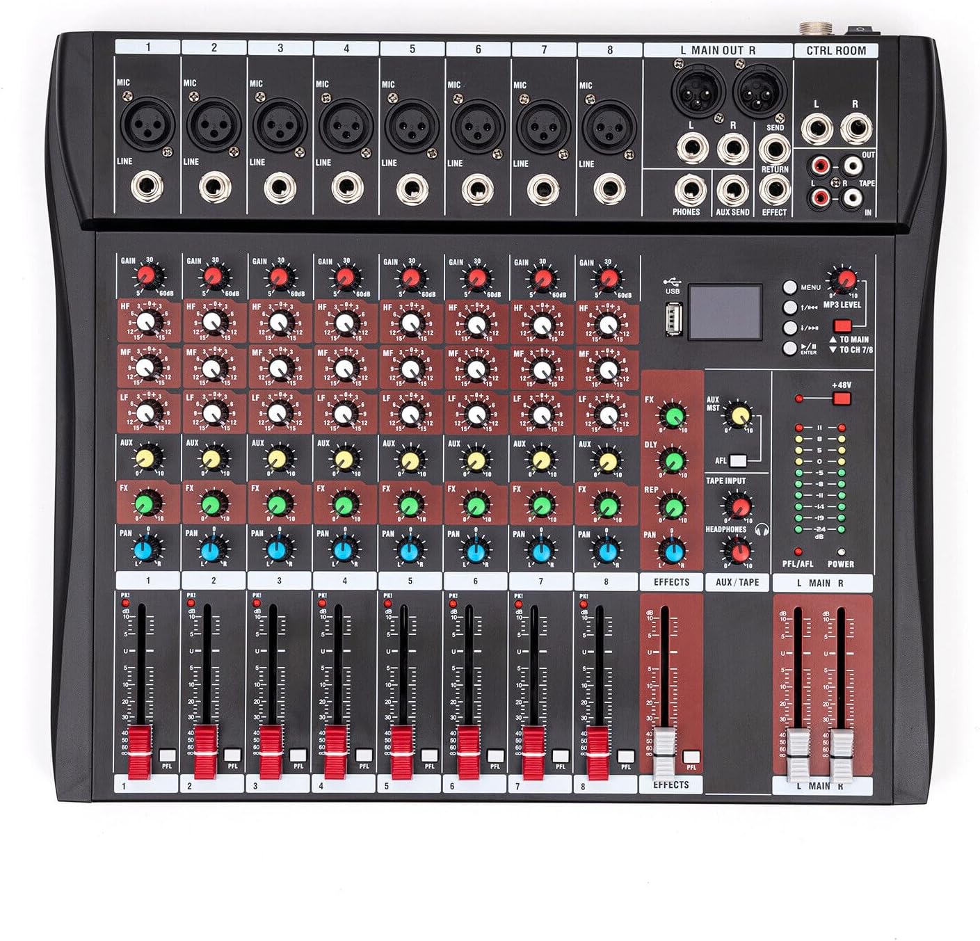 Professional 8-Channel Audio Mixer, Audio Interface, Bluetooth Studio Audio Mixer Live Sound Mixing Console with USB, Music Recording Equipment with 48V Phantom Power RCA Input XLR