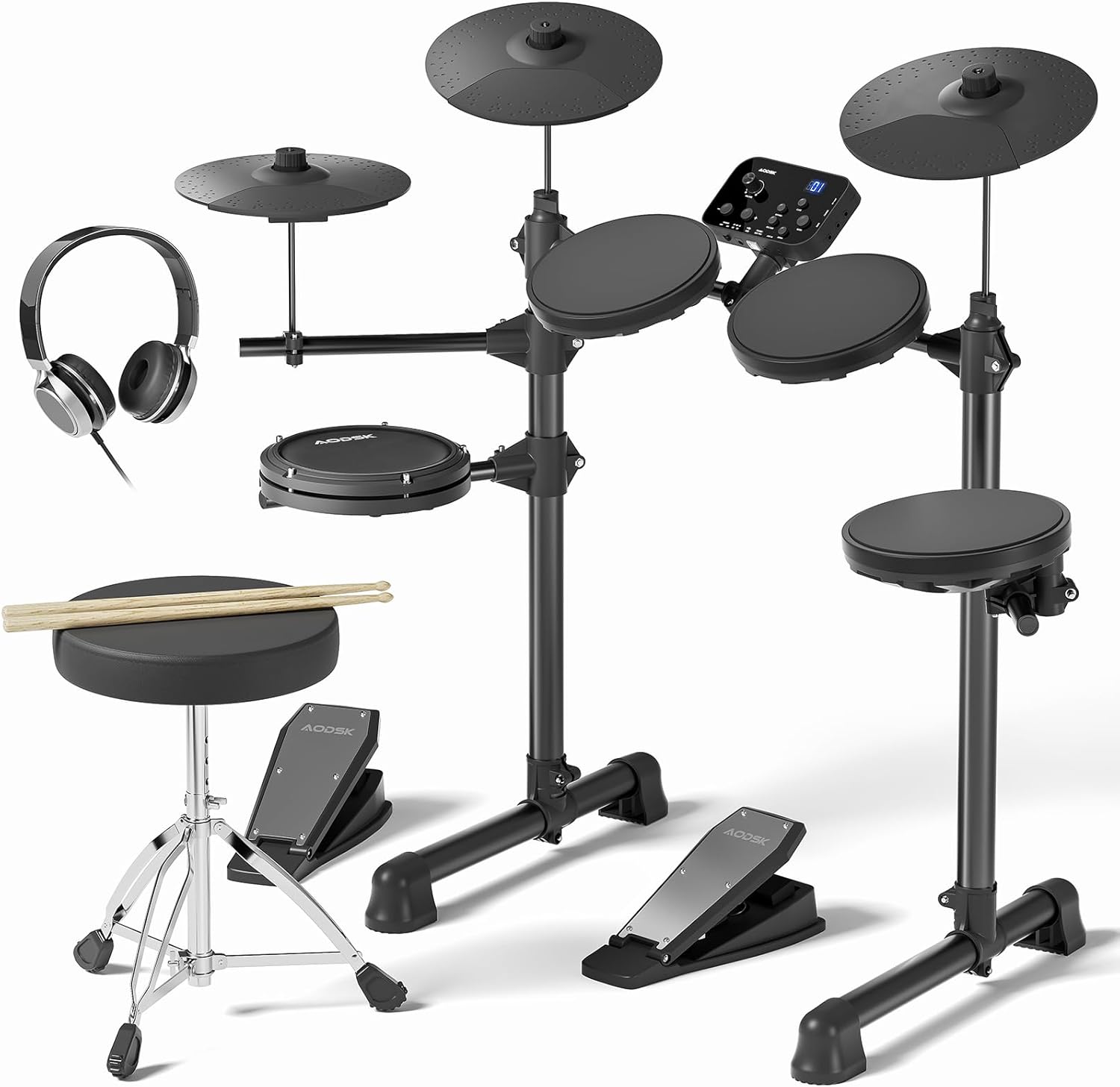 AODSK Electric Drum Set for Beginner with 150 Sounds,4 Quiet Drum Pads,2 Pedal,Throne,Sticks,Electronic Drum with Headphone,AED-400