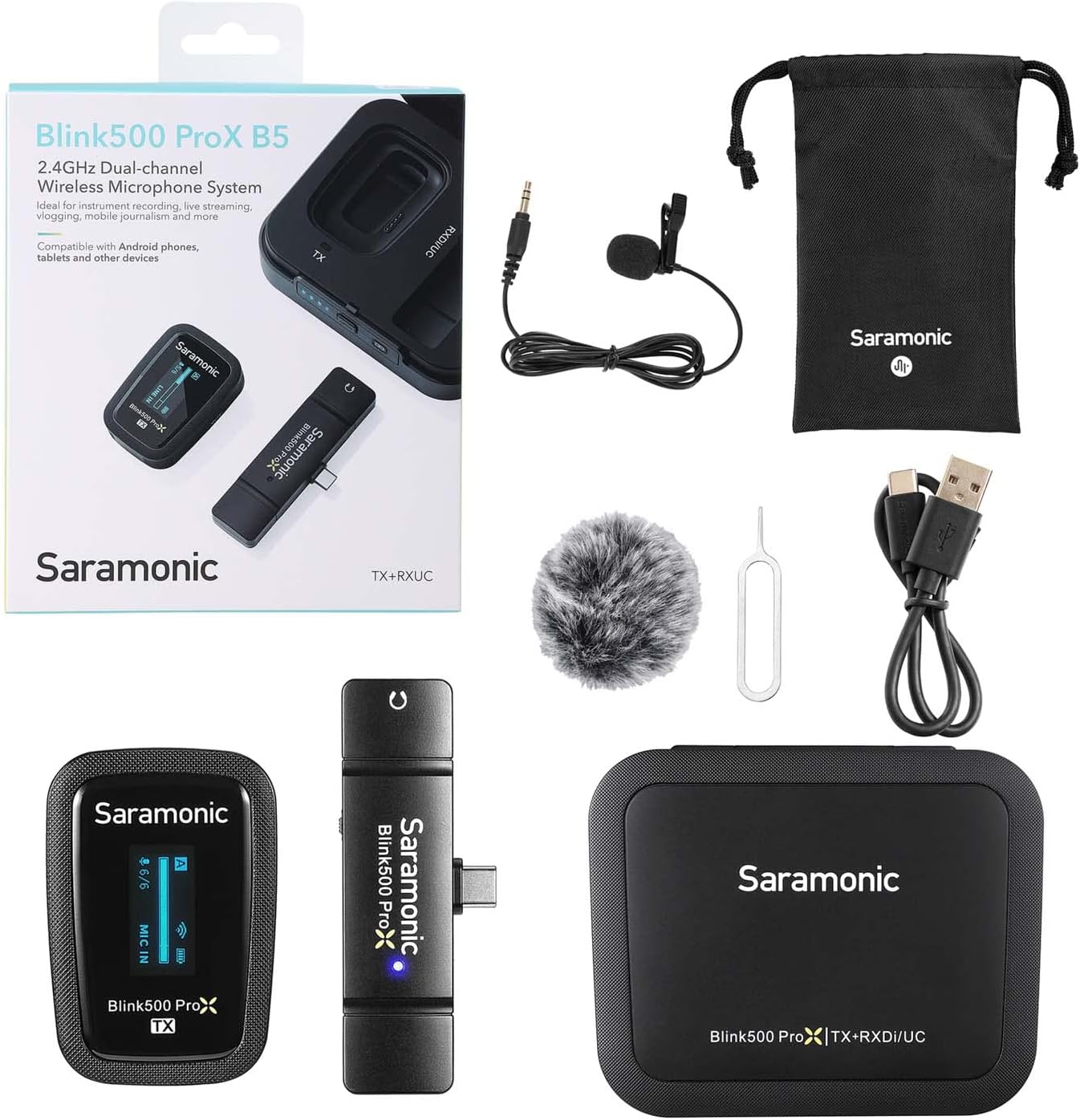 Saramonic Blink 500 Pro X B5 Wireless Mic System with Lavalier & USB-C Receiver for for iPhone 15, Android, iPad, Mobile & Computers, Black