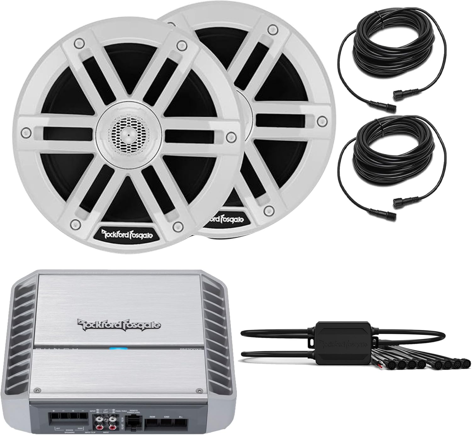 Rockford Fosgate PM300X2 2 Channel Marine Amplifier with 1 Pair M0-65B 6.5” Marine 2-Way System - Black Grilles Included