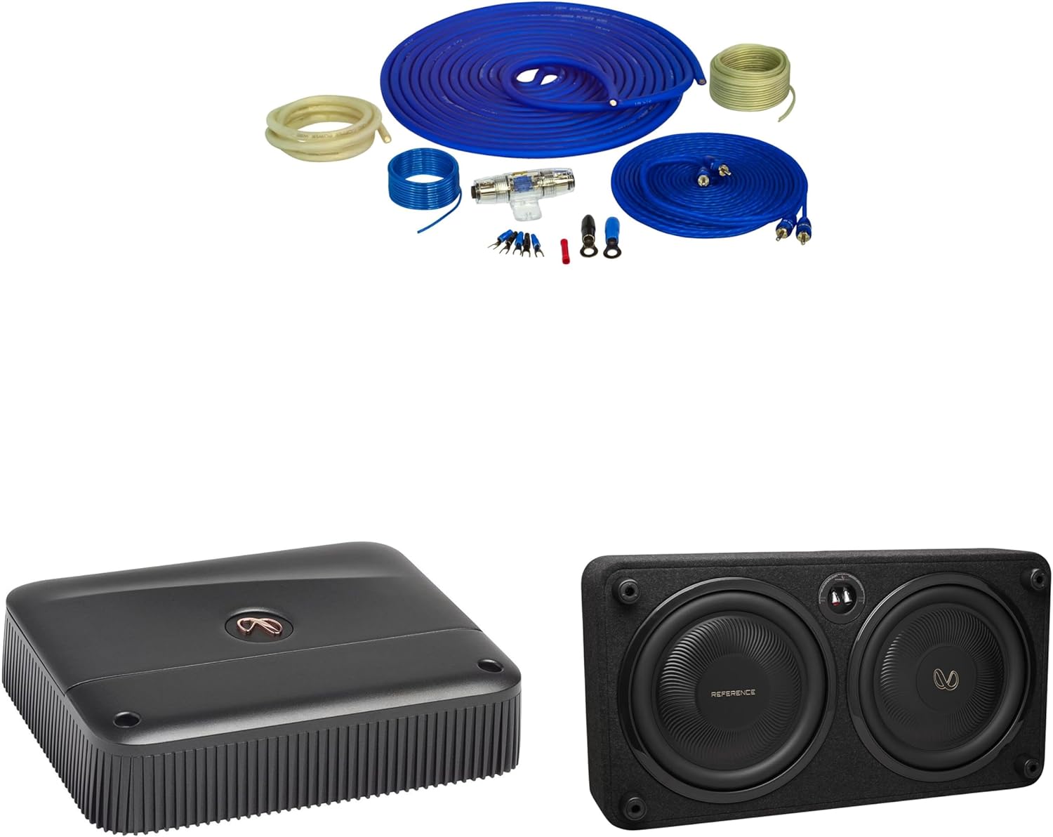 Infinity REFERENCE1200SSL Single 12” Thin Enclosure with Passive Radiator with Infinity Reference-6001A Mono, 600w X 1 Amplifier with Bass Knob and 4GA Pure Copper Amp Wiring Kit