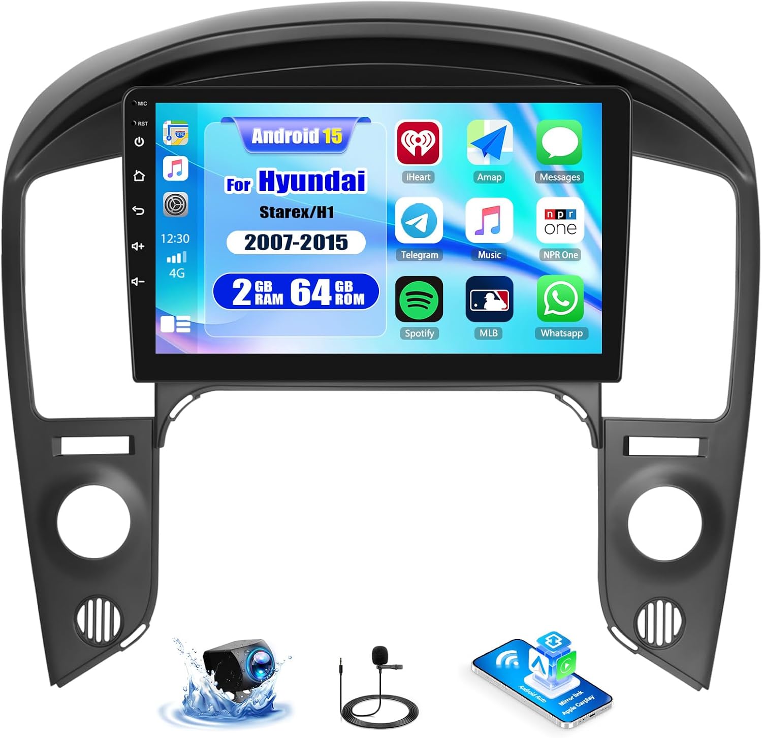 CAMECHO 2G+64G Android 15 Car Stereo for Hyundai Starex/H1 2007-2015 9 Inch Touch Screen with Wireless CarPlay Android Auto Mirror Link 26UI Bluetooth FM GPS Navigation WiFi SWC Backup Camera