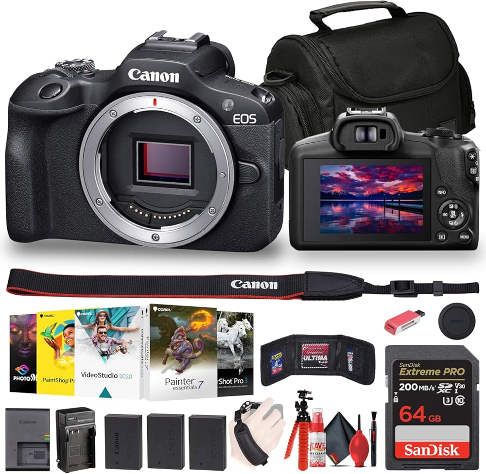 Canon EOS R100 Mirrorless Camera (6052C002) + Corel Photo Software + Bag + 64GB Card + 2 x LPE17 Battery + Charger + Card Reader + Flex Tripod + Cleaning Kit + Memory Wallet + Hand Strap (Renewed)