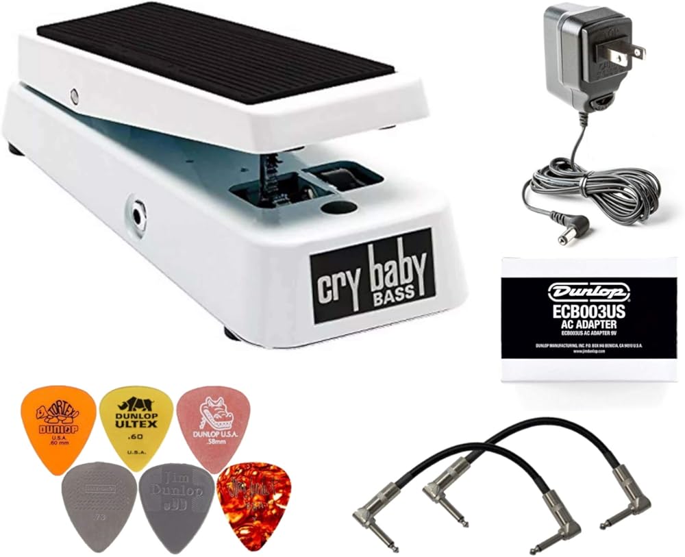 Dunlop 105Q Cry Baby Bass Wah Bundle w/ 2 Patch Cables, ECB-003 9V Adapter, and 6 Assorted Dunlop Picks