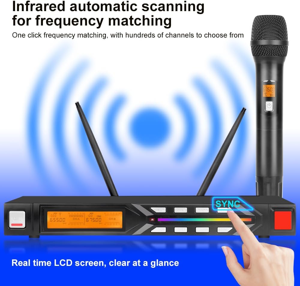 NG-99 Wireless Microphone System with Two Metal Microphones,UHF Handheld Wireless Moving Coil Gradient Colored Microphone for Home Karaoke, Conference, Party, Church, DJ, Wedding