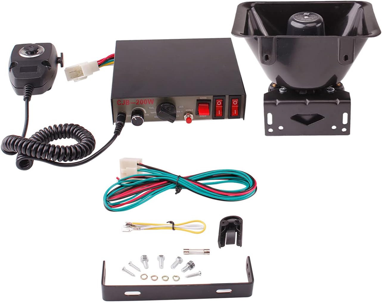 9 Tones 200W Emergency Warning Police Siren Speaker PA System Kit with Handheld Microphone & 2 Lights Control Switches for Firefighter Ambulance Vehicles Truck Car SUV ATV UTV