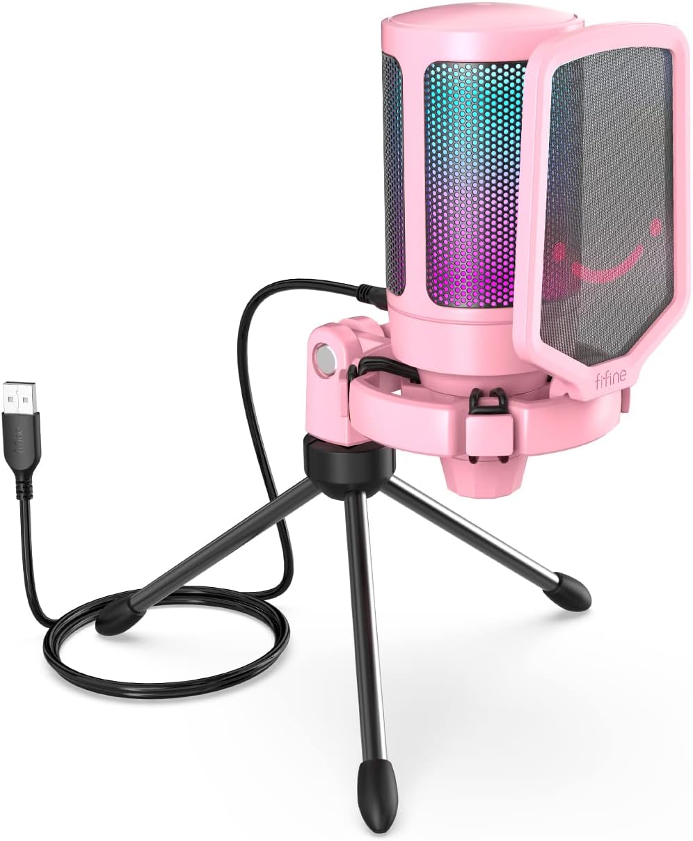 FIFINE USB Mic and White Microphone,AmpliGame RGB Computer Microphone, Condenser Cardioid Desktop Gaming Mic with Quick Mute, Gain Knob,Anti-Vibration for Streaming Podcasts,Zoom -Pink/White (A6P+A6W)