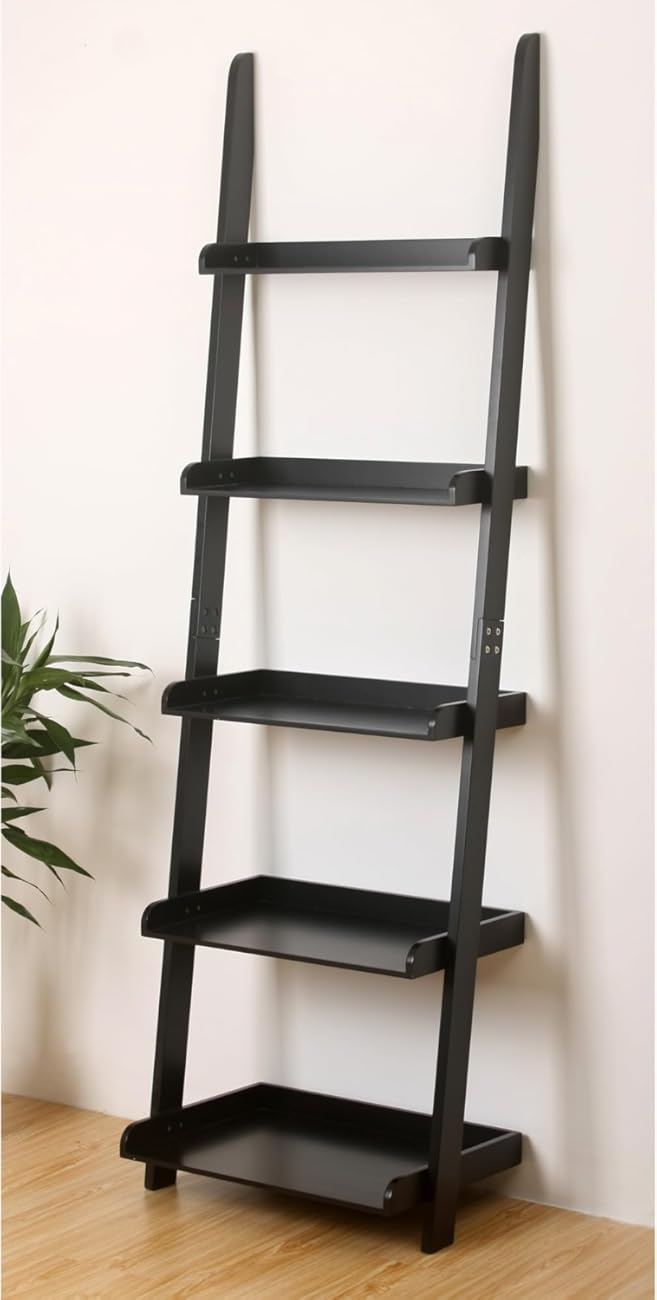 eHemco Modern 5 Tier Leaning Wall Ladder Bookshelf Organizer, Storage Rack, 70 Inches, Black