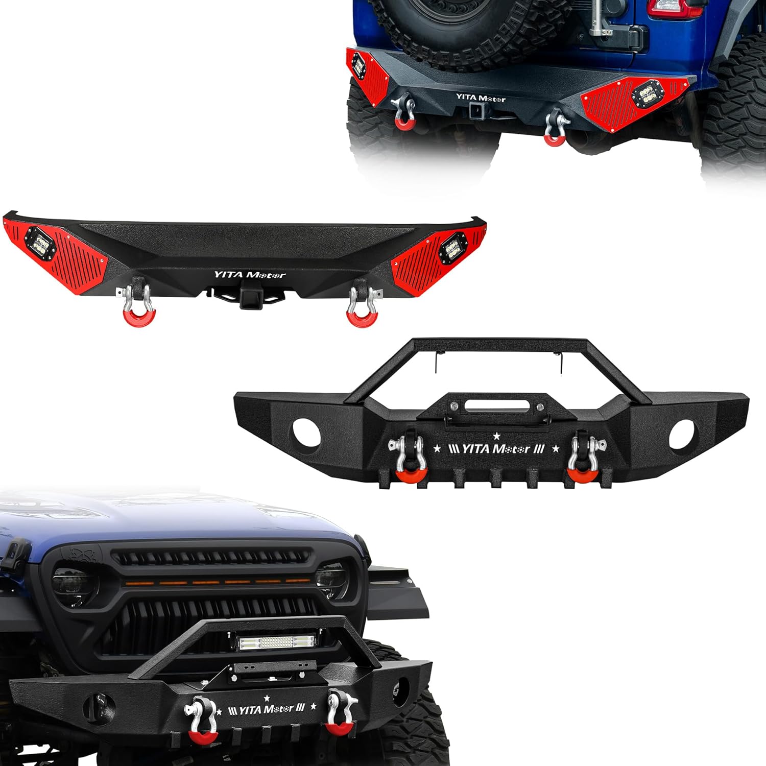 YITAMOTOR Front and Rear Bumper Fit for Wrangler 2018-2026 Wrangler JL & Unlimited (2/4 Doors), Crawler Bumper w/2 LED Lights, 2
