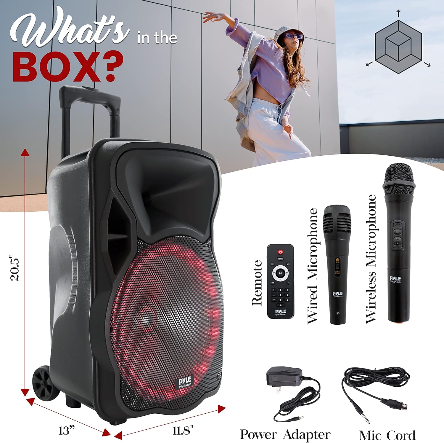 PyleUsa Portable Bluetooth PA Speaker-300W 12” Rechargeable Indoor/Outdoor BT Karaoke Audio System - LED Display, FM/AUX/MP3/USB/SD,1/4