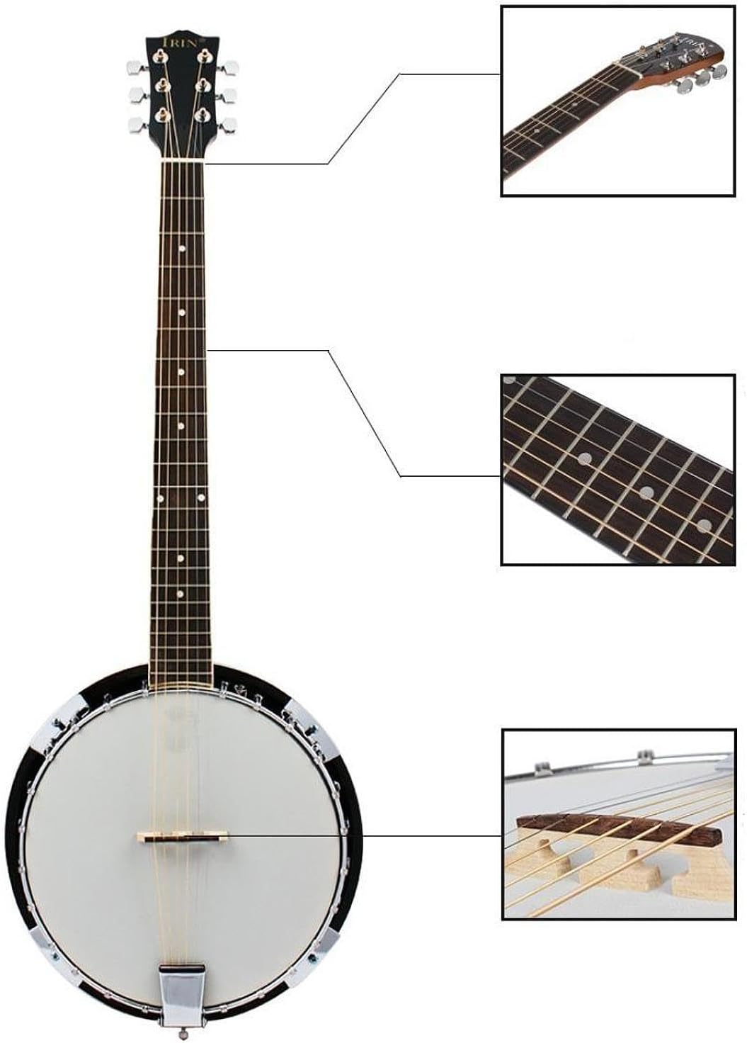 6 String Banjo Instrument with Carry Bag Educational Banjo Beginner Kit Stringed Musical Instrument for Stage Practice