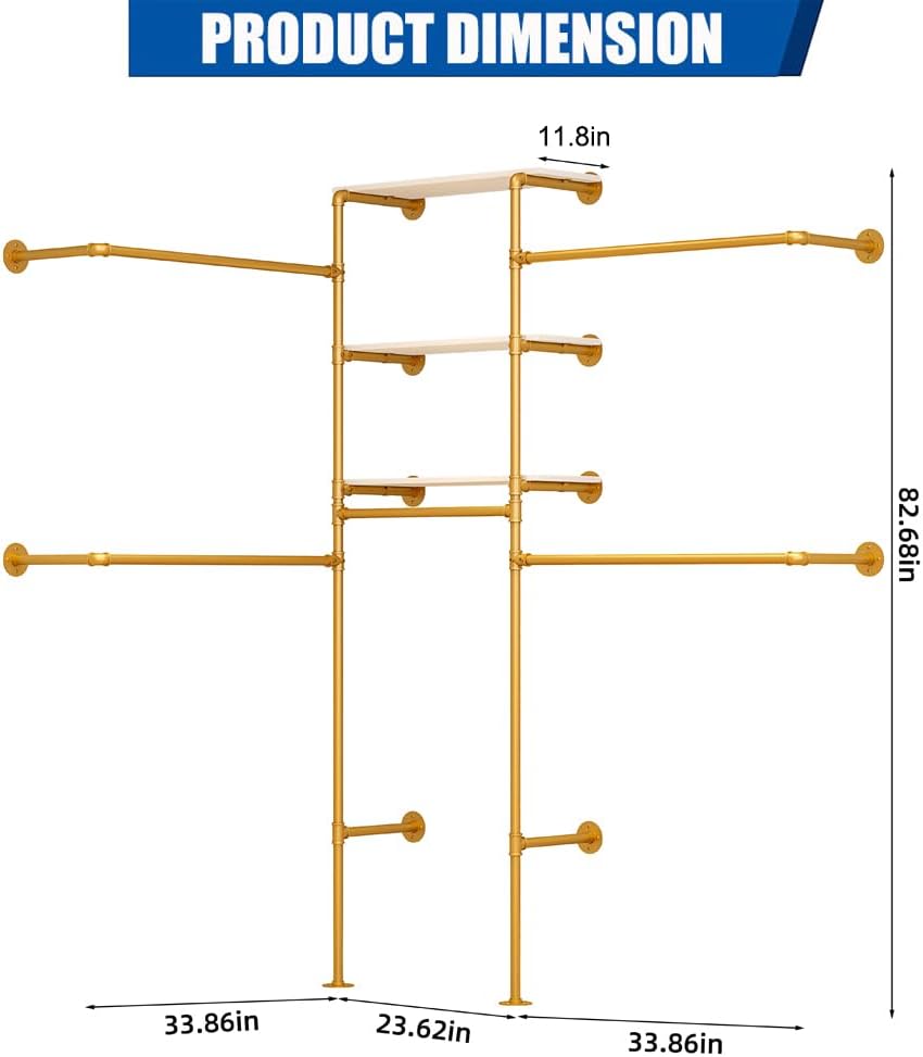 Heavy Duty Gold Pipe Clothing Rack - Wall Mounted Industrial Clothes Rack, DIY Corner Closet System with Shelves, Adjustable Walk-in Closet Organizer (GOLD, 94.5